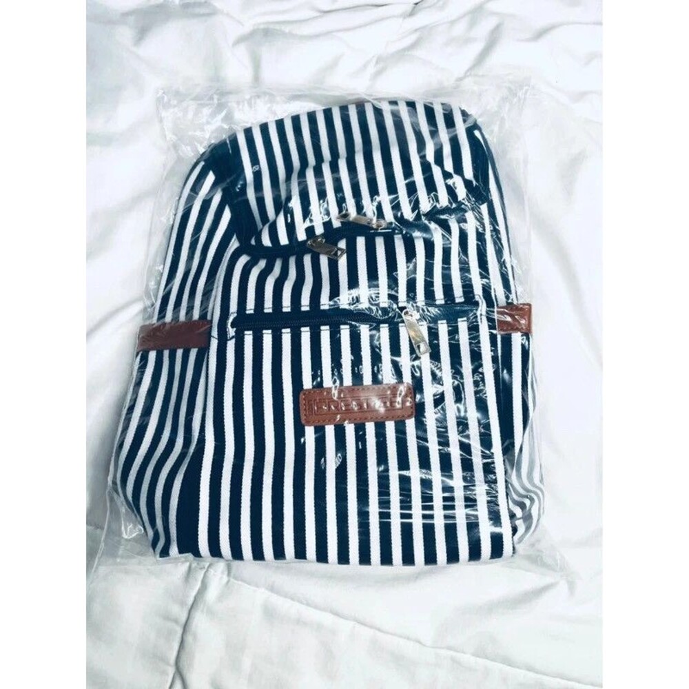 Navy and White Canvas Backpack Brown Trim New